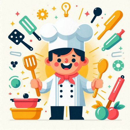 Cartoon chef with cooking tools. Vector illustration in flat style.のイラスト素材