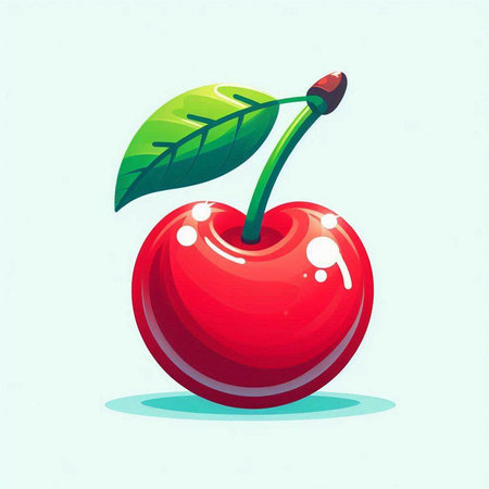 Cherry icon. Vector illustration of a fresh cherry with leaf.のイラスト素材