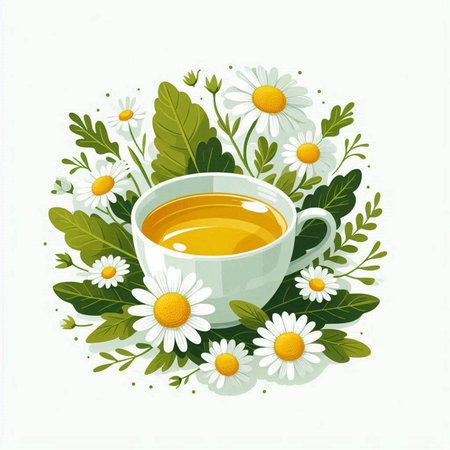 Cup of tea with chamomile flowers and leaves. Vector illustration.のイラスト素材