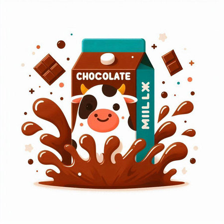 Milk carton with cow and chocolate splash. Vector illustration.のイラスト素材