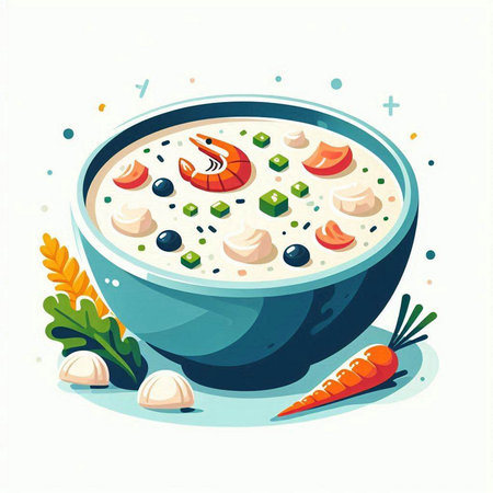 Illustration of a bowl of soup with seafood and vegetables. Vector illustration.のイラスト素材
