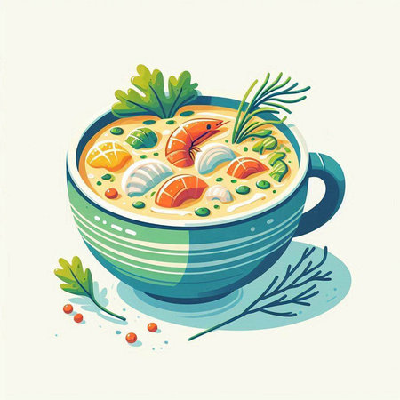 Vector illustration of a bowl of soup with salmon and dill.のイラスト素材