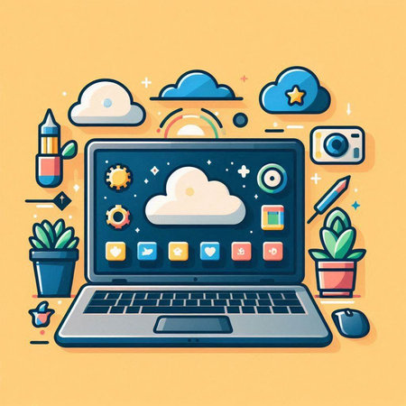 Laptop computer with cloud computing icons on screen, vector illustration.のイラスト素材
