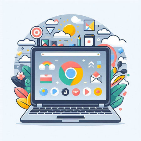 Laptop computer with colorful social media icons. Flat design vector illustration.のイラスト素材