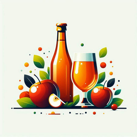 bottle of wine and glass of apple cider on white background, vector illustrationのイラスト素材