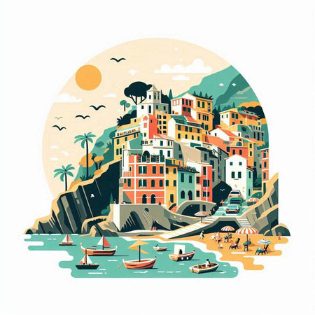 Cinque Terre, Italy. Colorful hand drawn vector illustrationのイラスト素材