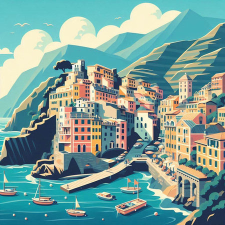 Vintage style illustration of a beautiful view of Vernazza.のイラスト素材