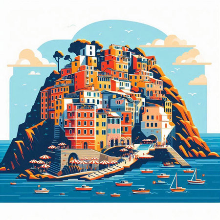 Riomaggiore village in Cinque Terre, Italyのイラスト素材