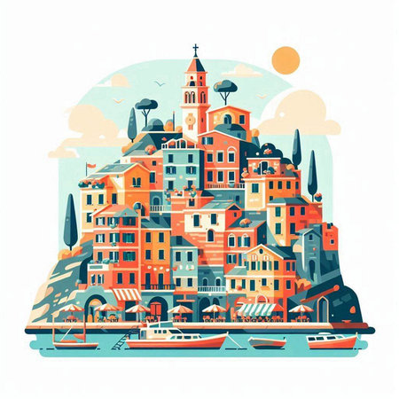 Cinque Terre, Italy. Vector illustration in flat styleのイラスト素材