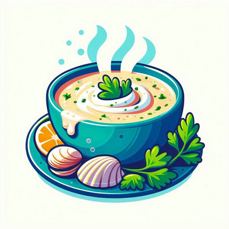 Creamy soup with parsley and lemon in a blue bowlのイラスト素材