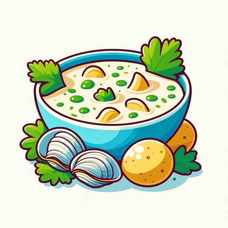 Illustration of a bowl of soup with clams and parsleyのイラスト素材