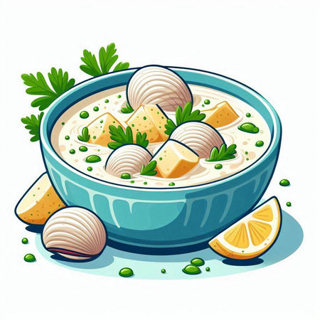 Illustration of a bowl of cream soup with garlic and parsleyのイラスト素材