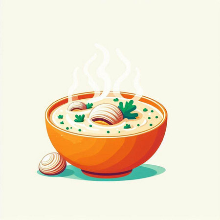 Vector illustration of a bowl of soup with clams and parsleyのイラスト素材
