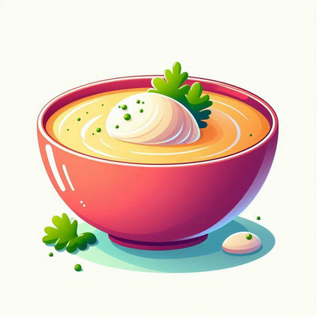 Vector illustration of a bowl of soup with cream and parsley.のイラスト素材