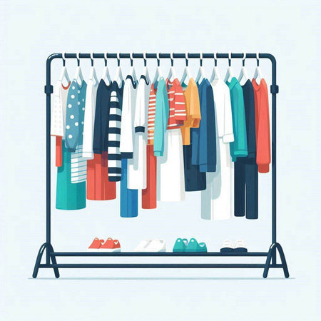 Clothes rack with different clothes. Vector illustration in flat style.のイラスト素材