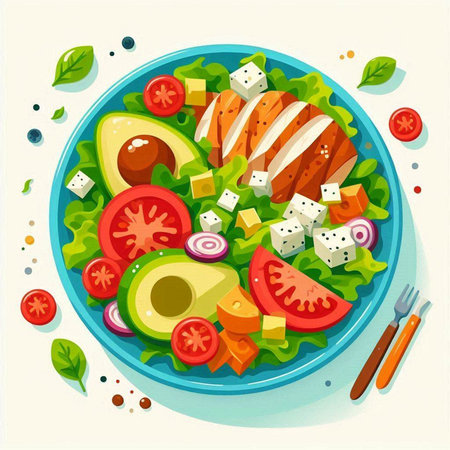 Healthy salad with chicken, avocado, tomatoes and cheese. Vector illustration.のイラスト素材