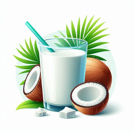 Coconut milk in a glass with a straw and a coconut on a white backgroundのイラスト素材