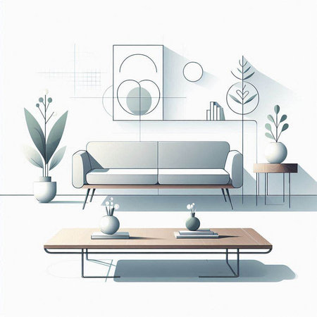 Modern living room interior design with a sofa, coffee table and plant. Vector illustration.のイラスト素材