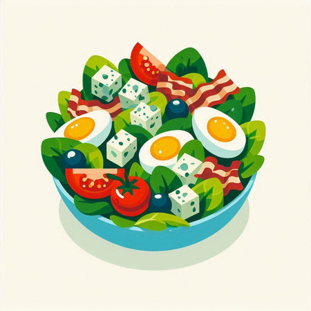 Salad with eggs, tomatoes, cheese and bacon. Vector illustration.のイラスト素材