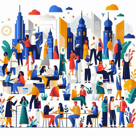 Vector illustration of people sitting in cafe and drinking coffee. Flat style design.のイラスト素材