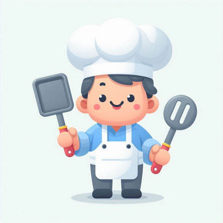 Cartoon chef holding a spatula and ladle. Vector illustrationのイラスト素材