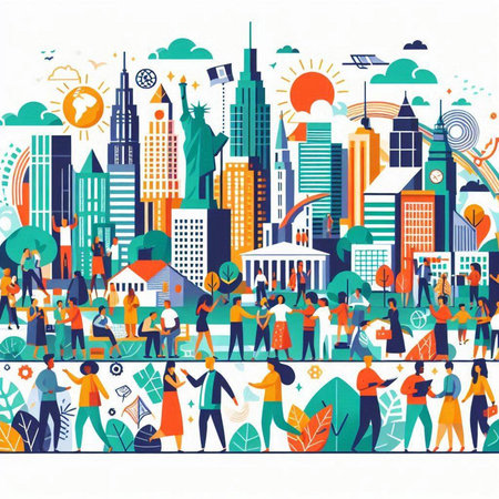 City life with people and modern buildings. Vector illustration in flat styleのイラスト素材