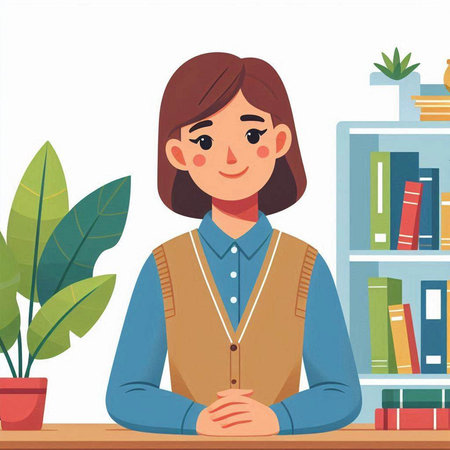 Vector illustration of a young woman sitting at the desk in the officeのイラスト素材