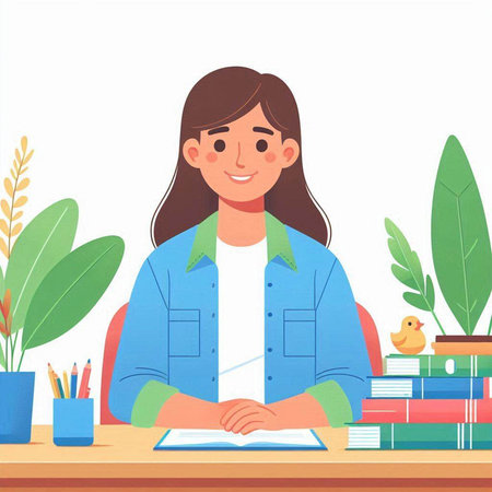 Vector illustration of a girl sitting at the desk and writing in a notebookのイラスト素材