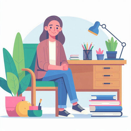 Young woman sitting on a chair in the office. Vector illustration.のイラスト素材