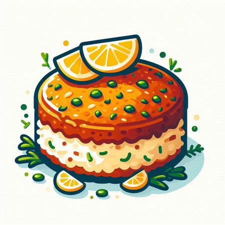 Vector illustration of a delicious cake with a slice of lemon and herbsのイラスト素材