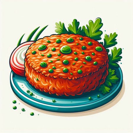 Illustration of a hamburger on a plate with greens and vegetablesのイラスト素材