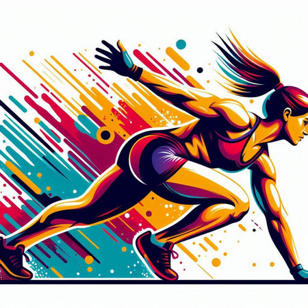 Athletic woman running on colorful background, vector illustration.のイラスト素材