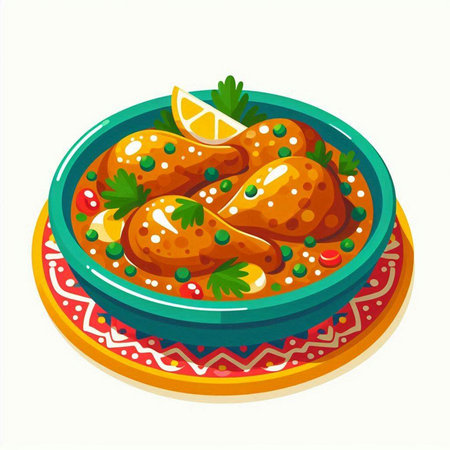 Illustration of chicken thighs in tomato sauce with parsley and lemonのイラスト素材