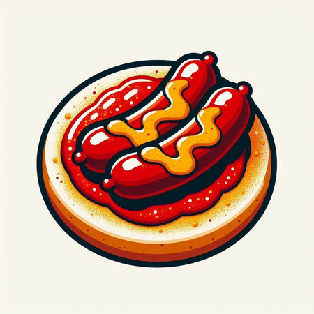 Hot dog with mustard and ketchup. Vector illustration of fast food.のイラスト素材