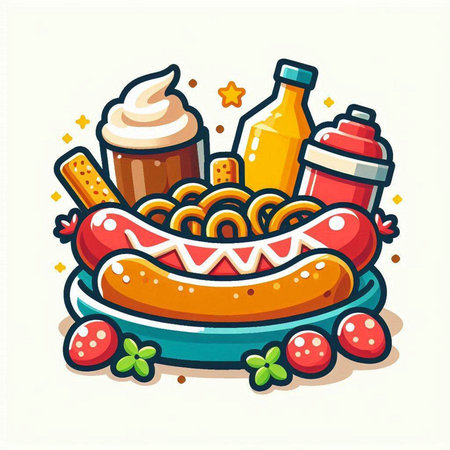 Fast food. Hot dog, ketchupnnaise, mustardnnaise. Vector illustrationのイラスト素材