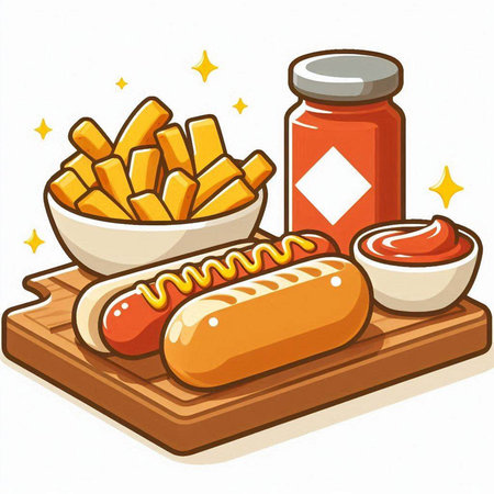 Illustration of a Hot Dog with French Fries and Ketchupのイラスト素材