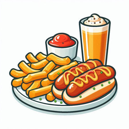 Vector illustration of hot dog with french fries and a glass of beerのイラスト素材