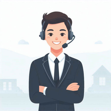 Call center operator with headset. Vector illustration in flat cartoon style.のイラスト素材