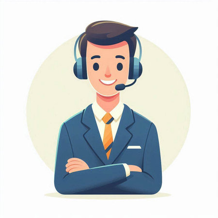 Businessman with headset. Vector illustration in cartoon style. Business concept.のイラスト素材
