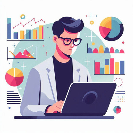 Young man in white coat and eyeglasses working on laptop. Vector illustration.のイラスト素材