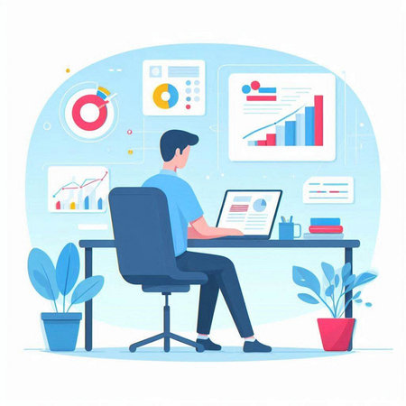 Businessman sitting at desk and working on laptop. Vector illustration in flat styleのイラスト素材