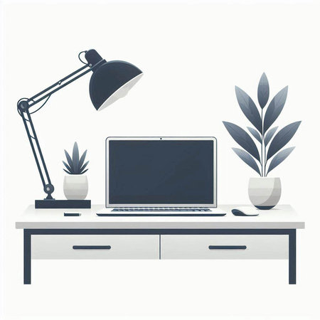 Workplace with laptop, table lamp and plants. Vector illustration.のイラスト素材