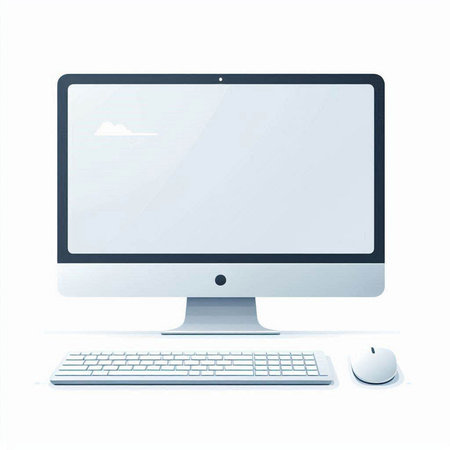 Computer monitor with keyboard and mouse on white background. Vector illustration.のイラスト素材