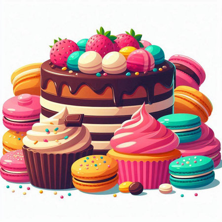 Colorful macaroons, cakes and cupcakes. Vector illustration.のイラスト素材