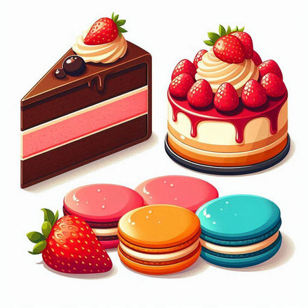 Set of different cakes and macaroons on a white background.のイラスト素材