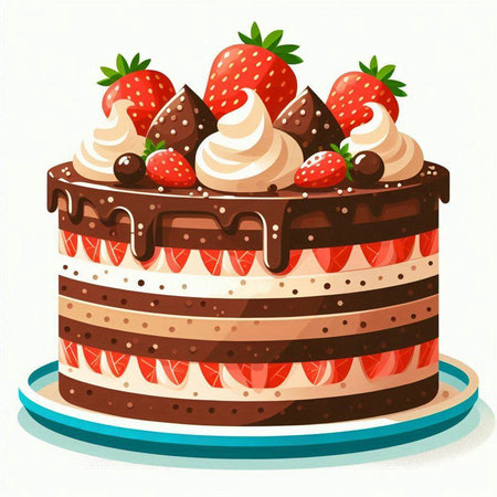 Illustration of a chocolate cake with strawberries on a white background.のイラスト素材