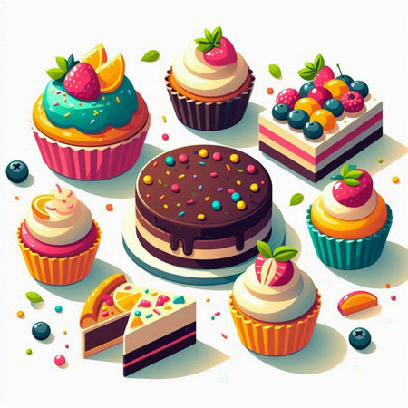 Cupcakes and cupcakes with different fillings. Vector illustration.のイラスト素材