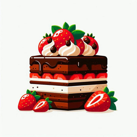 Chocolate cake with strawberries on a white background. Vector illustration.のイラスト素材
