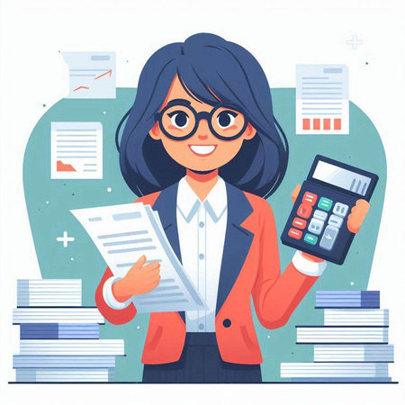 Businesswoman with documents and calculator. Vector illustration in cartoon style.のイラスト素材