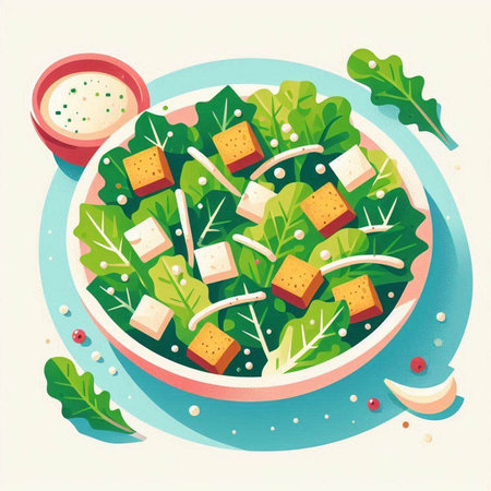 Healthy salad with tofu and arugula in a bowl. Vector illustration.のイラスト素材